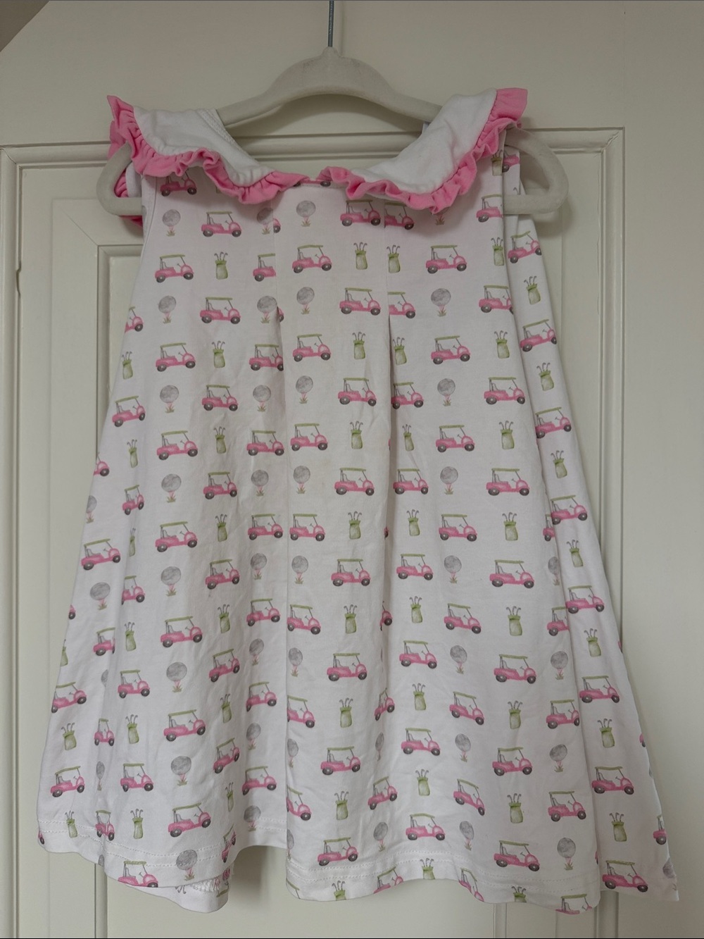 Girls' White with Pink Golf Cart Print and Pink Ruffle Collar dress